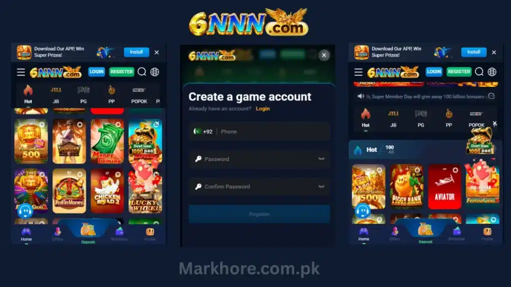 Three 6NNN app screenshots showing the game lobby, account registration page, and slot games list.