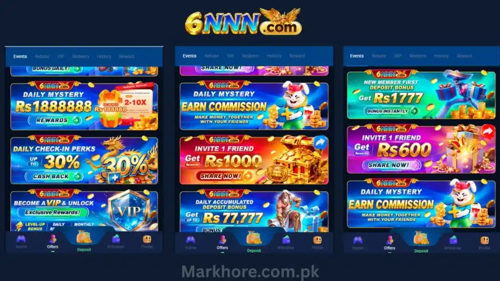 Three 6NNN screenshots showing daily mystery rewards, invite friend bonus, and new member deposit offers.