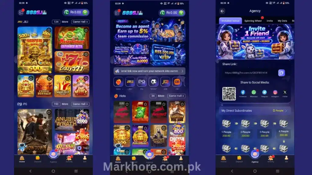 888GJ Game APK home screen showing JILI and PG casino games, slot machines, deposit options, promotions, and user dashboard on an Android smartphone interface.