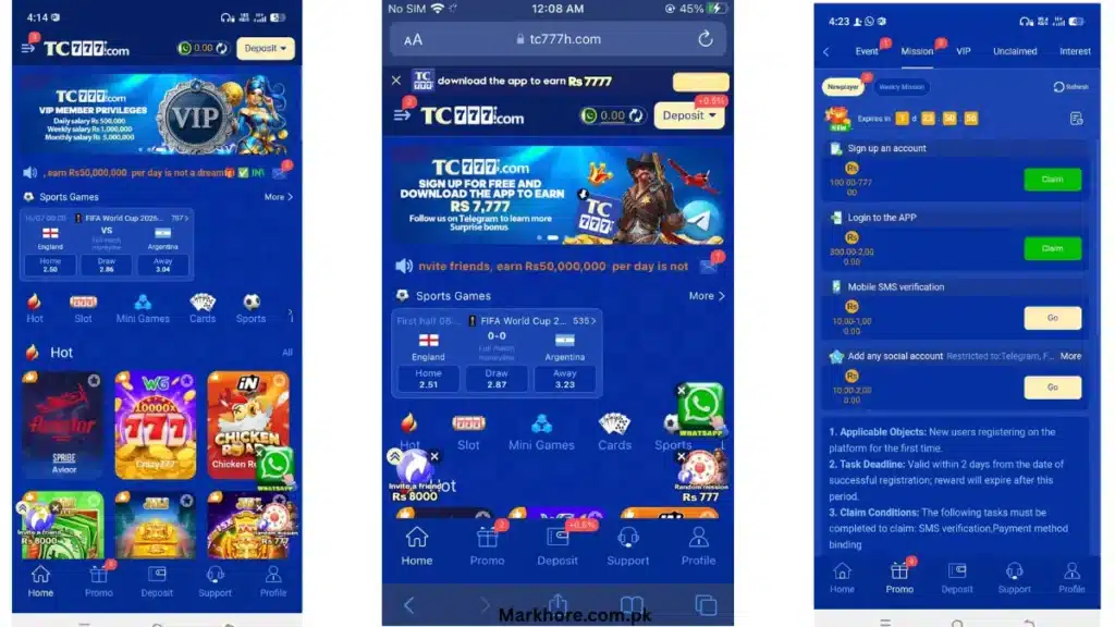 Three TC777 app screenshots showing home screen, download prompt, and new player mission rewards page.