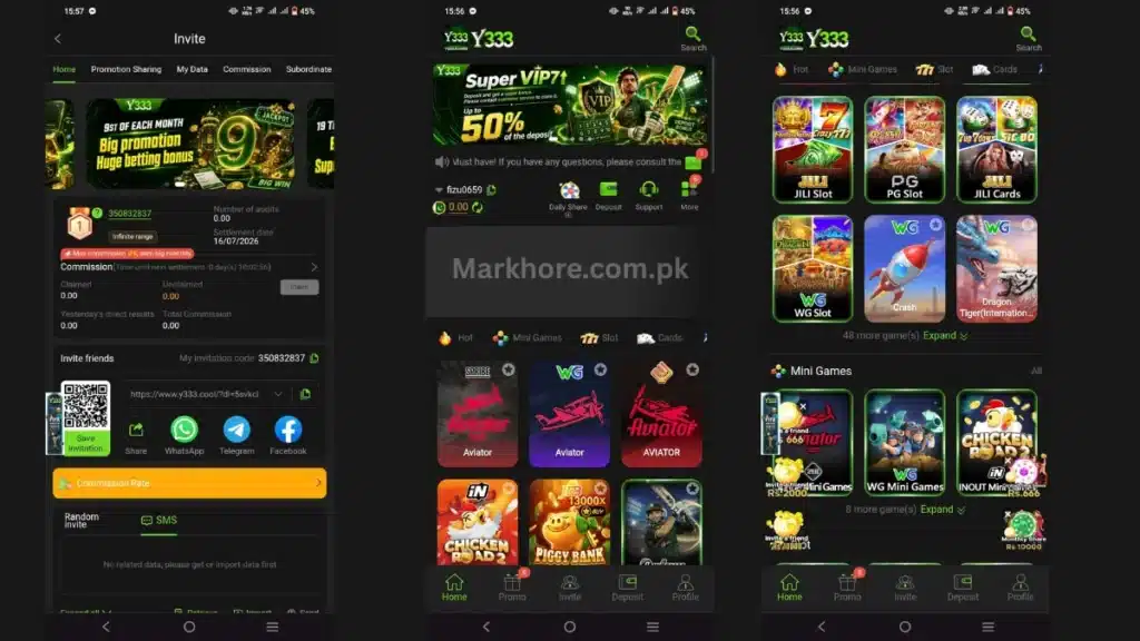 Three Y333 app screens showing invite/referral page, homepage banner, and casino game categories like slots.