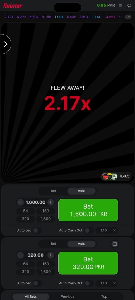 Aviator Game displaying the Flew Away crash text at 2.17x multiplier.
