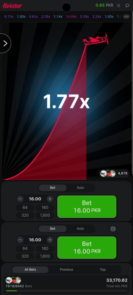 Main interface of the Aviator Game showing a rising flight multiplier and live bets in Pakistan.