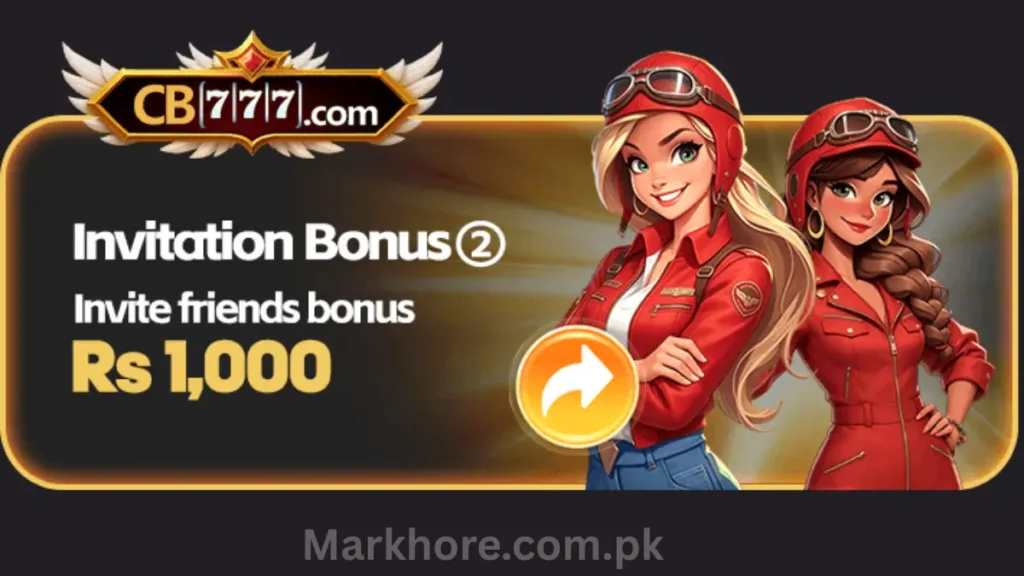 CB777 invitation bonus banner offering Rs 1,000 for inviting friends, featuring two women in red pilot outfits.