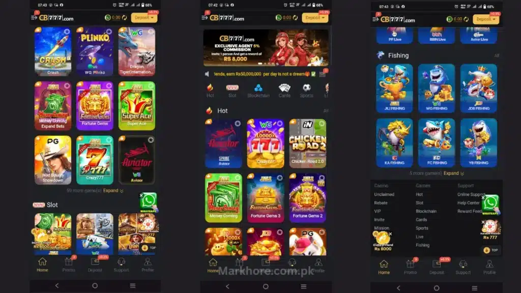Three CB777 app screenshots showing crash and slot games, an agent commission offer, and fishing games.