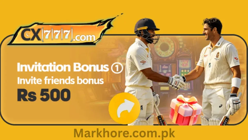 CX777 invitation bonus banner offering Rs 500 for inviting friends, featuring two cricketers shaking hands.