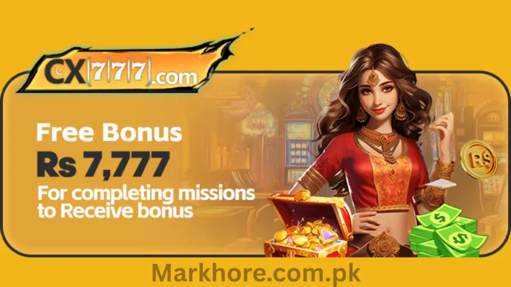 CX777 banner offering a free Rs 7,777 bonus for completing missions, featuring a woman with gold coins.