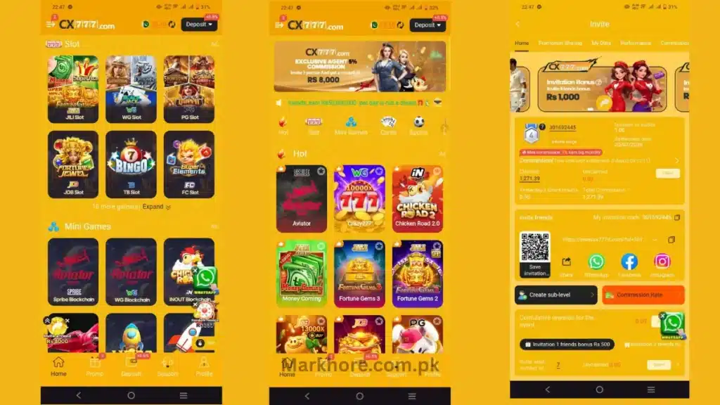 Three CX777 app screenshots showing slot games, an exclusive agent commission offer, and invite page.