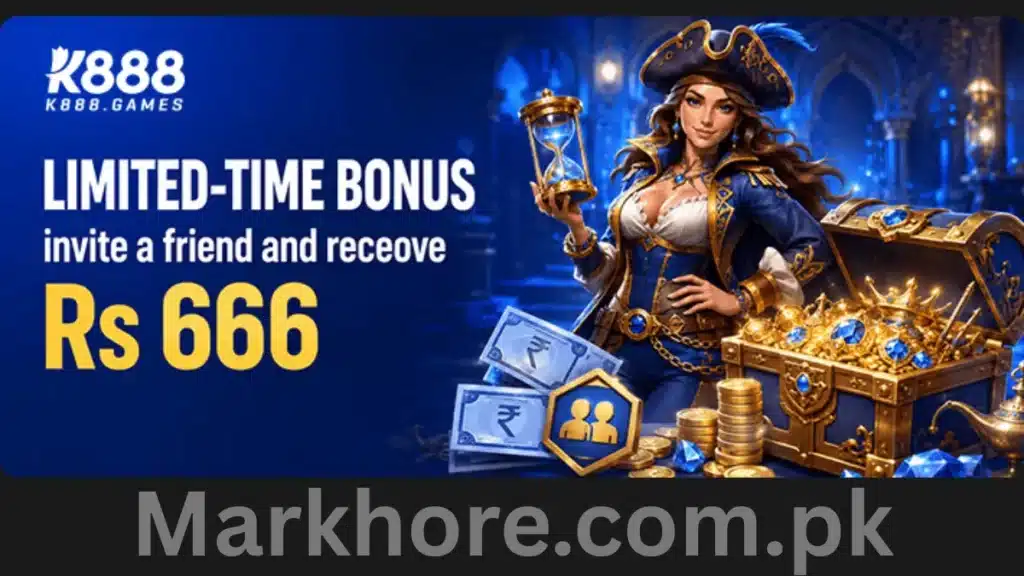K888.Games limited-time bonus banner offering Rs 666 to invite a friend, featuring a pirate-themed woman.