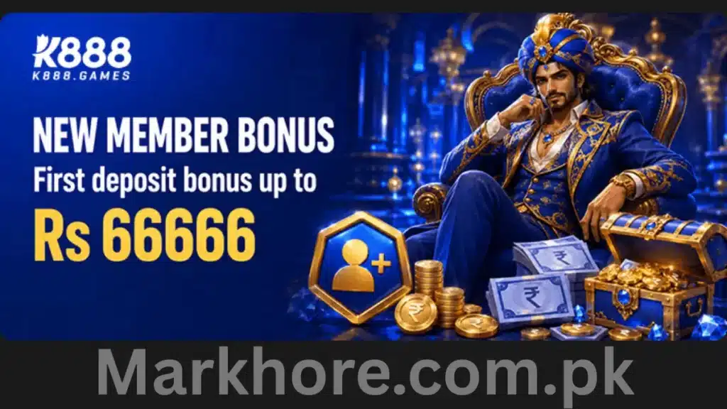 K888.Games New Member Bonus banner offering up to Rs 66666 first deposit, featuring a regal sultan figure.