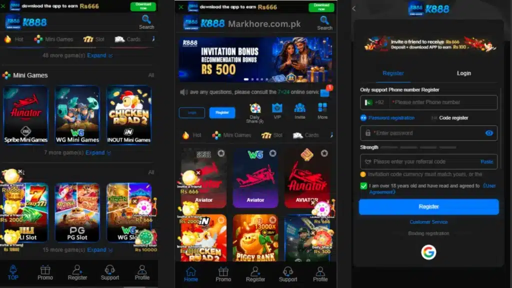 Three K888 app screenshots showing mini games, invitation bonus offer, and phone registration page.