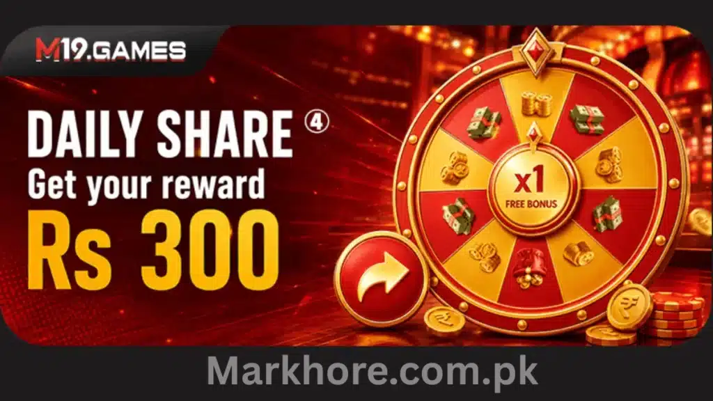 M19.Games Daily Share banner offering a Rs 300 reward, featuring a spinning wheel of prizes.