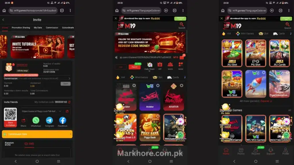 Three M19 app screenshots showing the invite commission page, promo banner, and slot games selection.