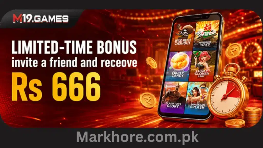 M19.Games limited-time bonus banner offering Rs 666 for inviting a friend, shown on a phone screen.