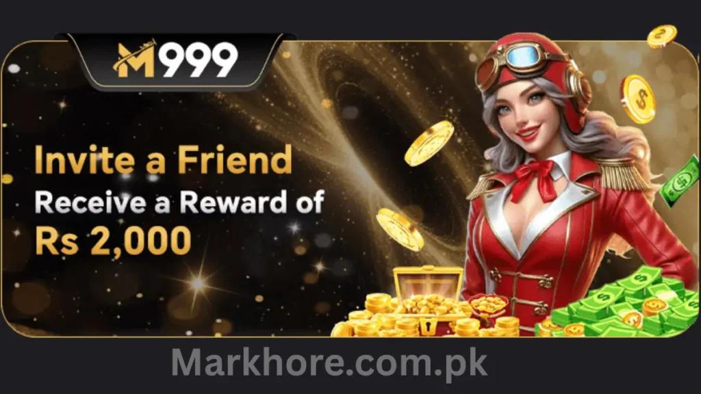 M999 promotional banner offering Rs 2,000 for inviting a friend, featuring a stylish pilot-themed woman.
