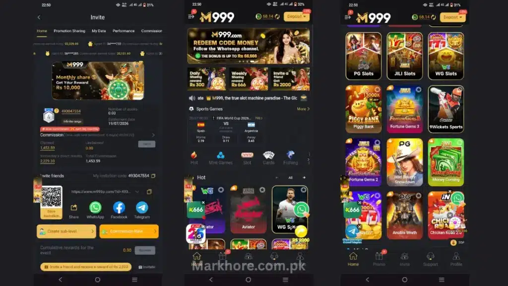 Three M999 app screenshots showing the invite commission page, game promotions, and a slot games list.