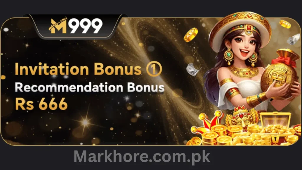 M999 invitation bonus banner offering Rs 666 recommendation reward, featuring a woman holding gold coins.