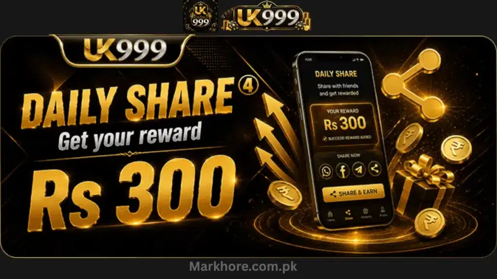 UK999 promotional banner for Daily Share reward offering Rs 300, shown on a UK999 mobile phone screen.