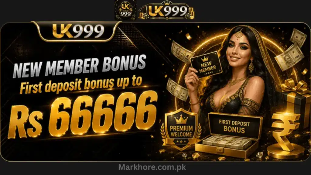 UK999 New Member Bonus banner advertising a first deposit bonus of up to Rs 66666, featuring a woman.