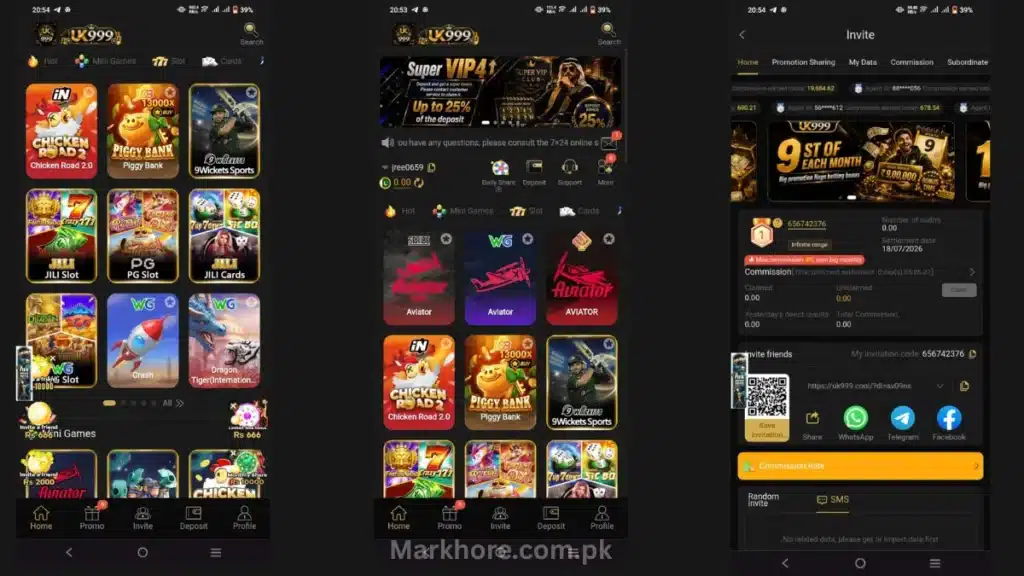 Three UK999 app screenshots showing game lobby, Aviator and slot games, and the invite commission page.