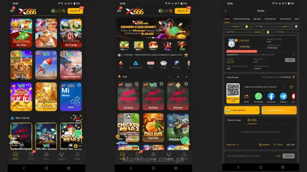 Three X666 app screenshots showing slot games, redeem code offer, and the invite commission page.