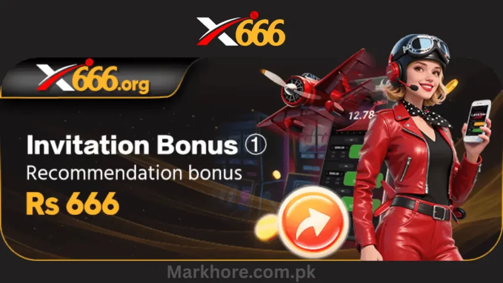 X666 Online invitation bonus banner offering Rs 666 recommendation reward, featuring a pilot-themed woman.