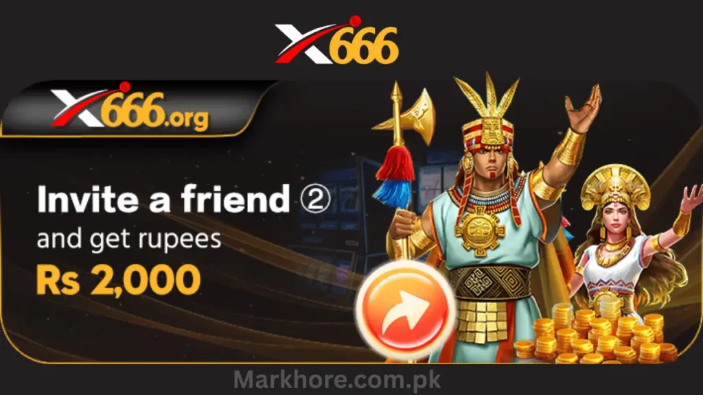 X666 apk banner offering Rs 2,000 for inviting a friend, featuring Aztec-themed king and queen figures.