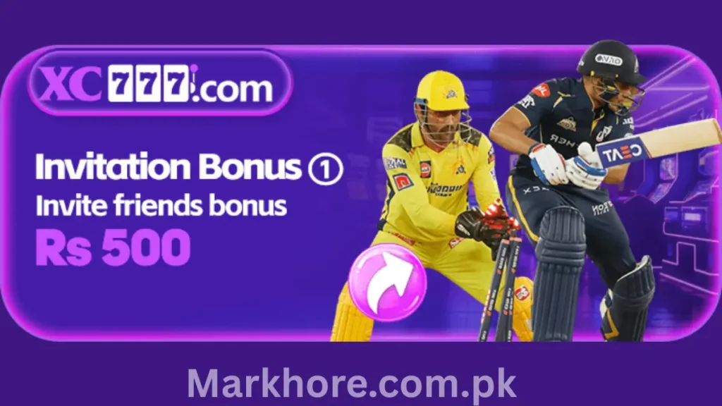 XC777 invitation bonus banner offering Rs 500 for inviting friends, featuring two cricketers batting.
