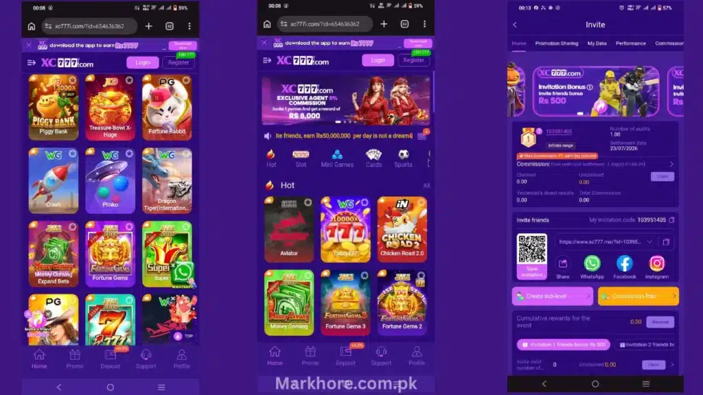 Three XC777 app screenshots showing game lobby, agent commission offer, and the invite friends page.
