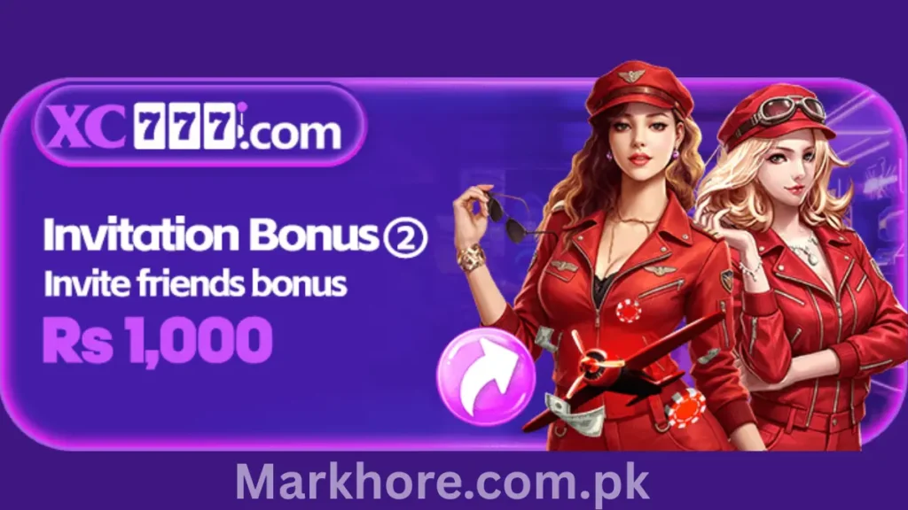 XC777 invitation bonus banner offering Rs 1,000 to invite friends, featuring two women in pilot outfits.